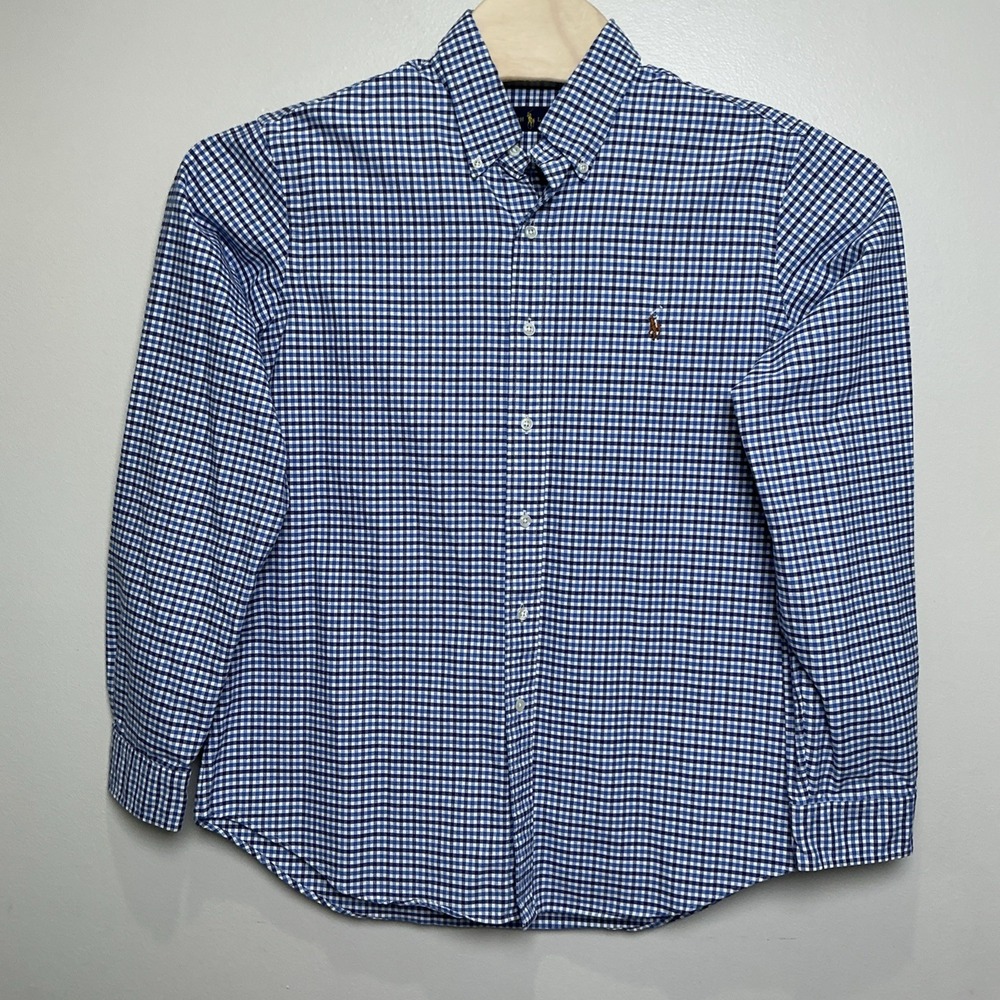 Ralph Lauren Men's L Long Sleeve Blue Plaid Cotton Button Down Flesh‎ Pony EUC